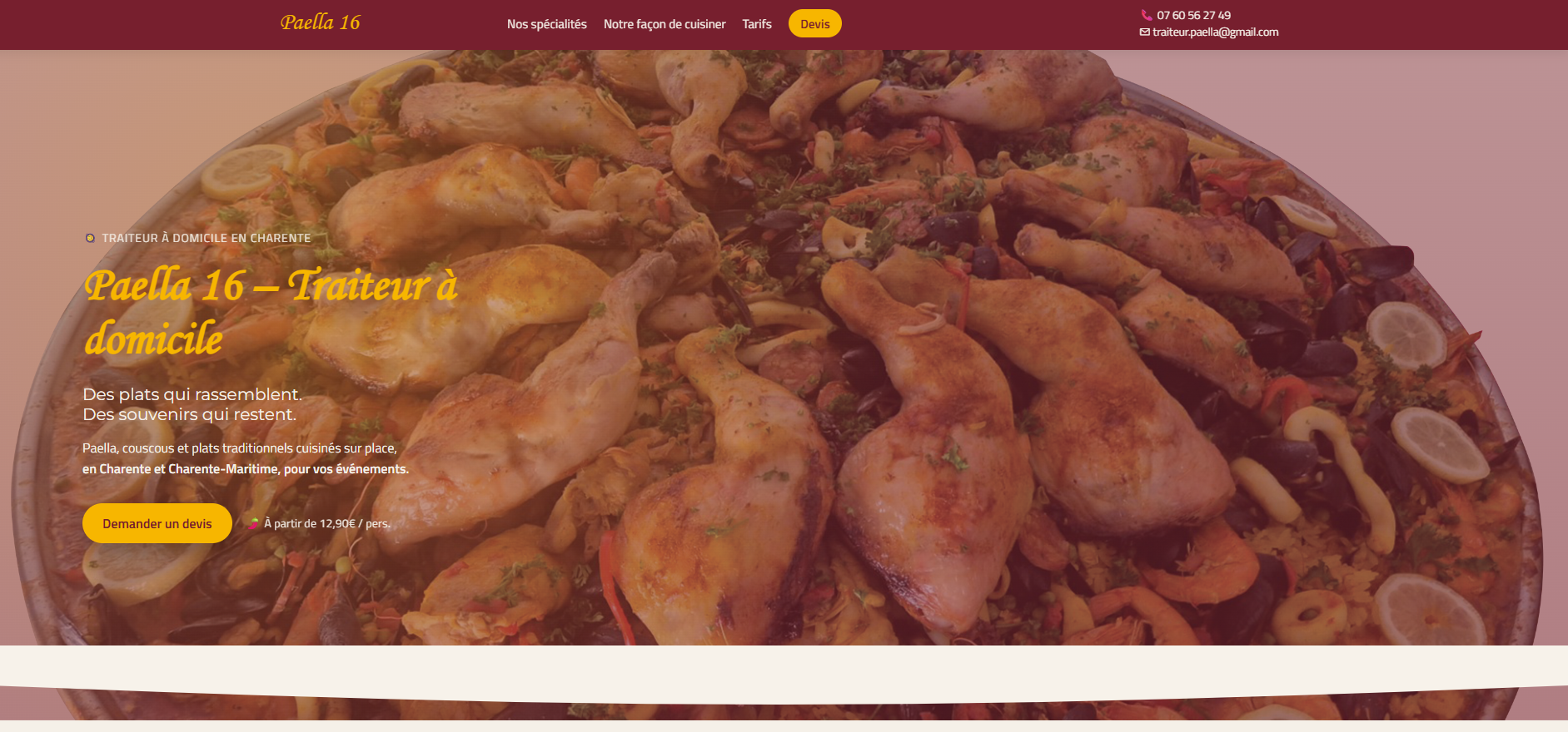 Capture de la landing page Paella16 présentant son activité et ses prestations